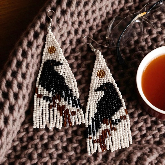 Handcrafted Raven Beaded Earrings Fringe Boho Witchy - Picture 7 of 16